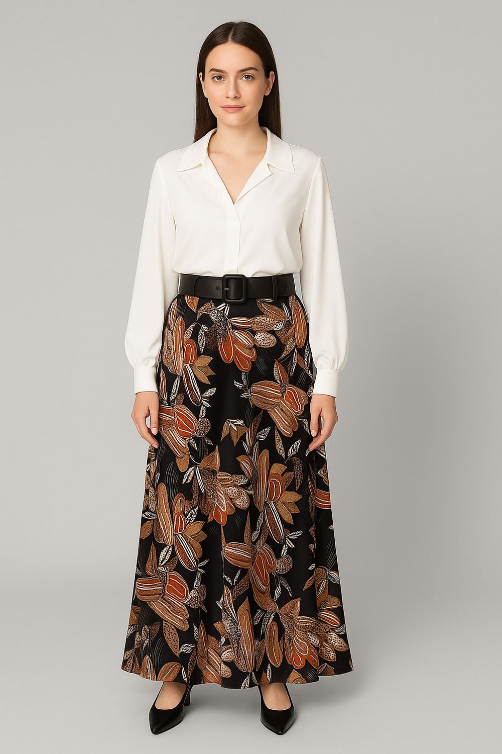 Monia A-lijn rok – satijnlook midi rok met bloemenprint en kanten rand 