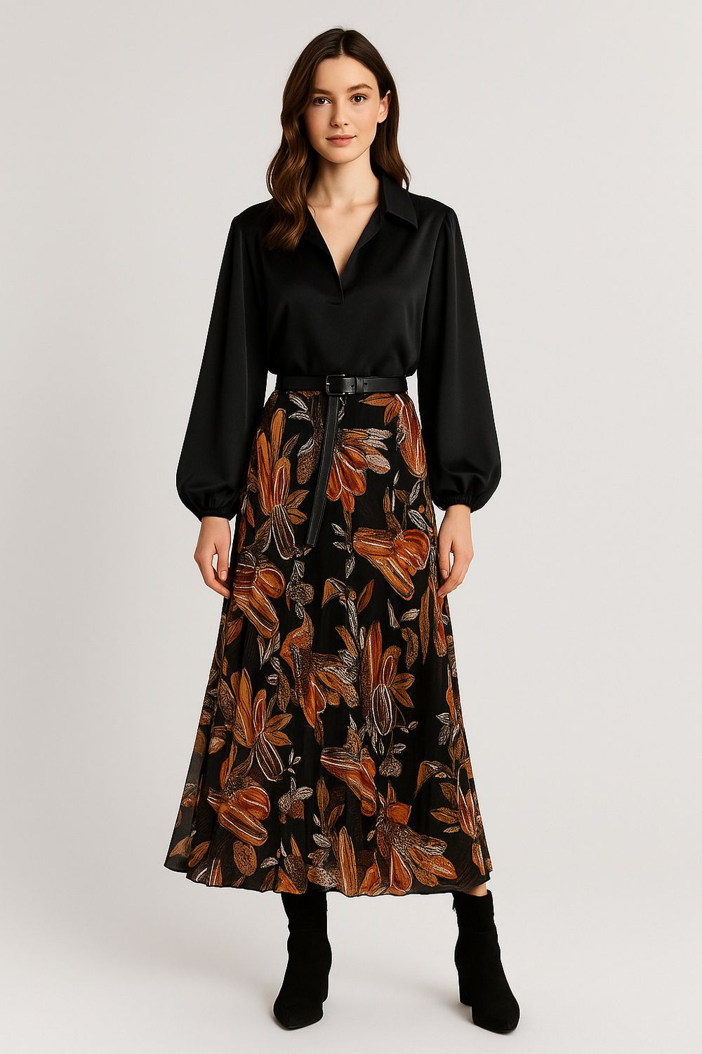 Monia A-lijn rok – satijnlook midi rok met bloemenprint en kanten rand 