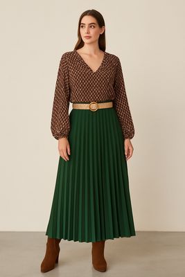 Effen kleur Vloeiende plooirok met viscose lining- midi rok met bohemian belt