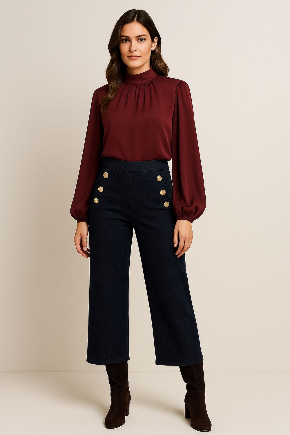 JENNA denim look broek, wijde palazzo broek met sierknopen en zakken. Elastische taille.