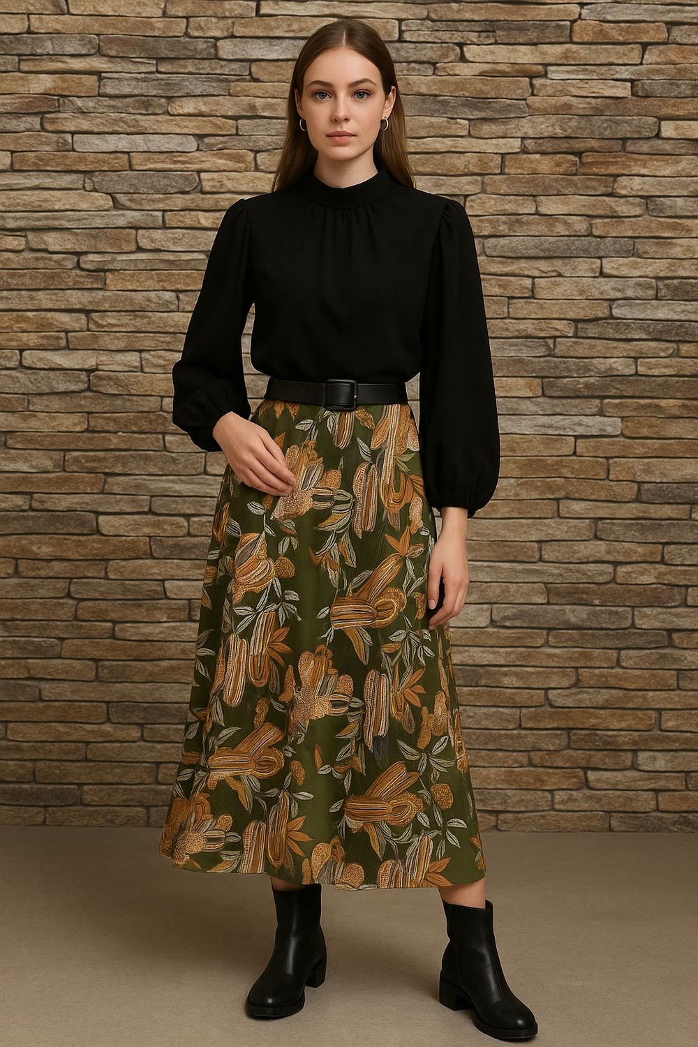 Monia A-lijn rok – satijnlook midi rok met bloemenprint en kanten rand 