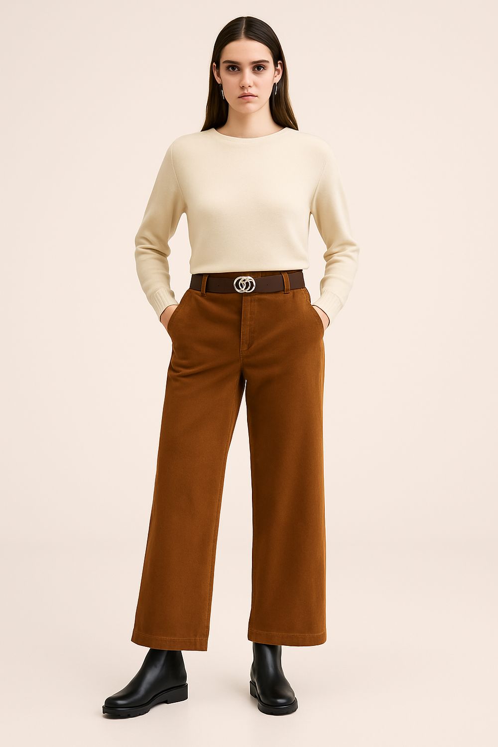 Bruine ribbed cotton wide leg broek – High waist &amp; elegante fit | Infinity Me Boutique