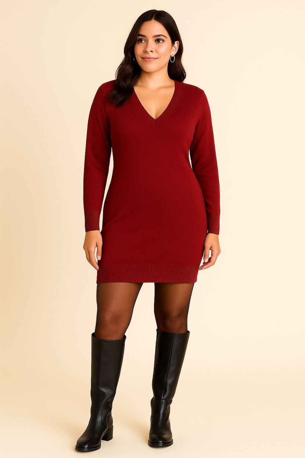 Sweater Jurk met V-hals – comfy midi korte jurk voor dames