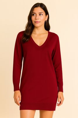 Sweater Jurk met V-hals – comfy midi korte jurk voor dames