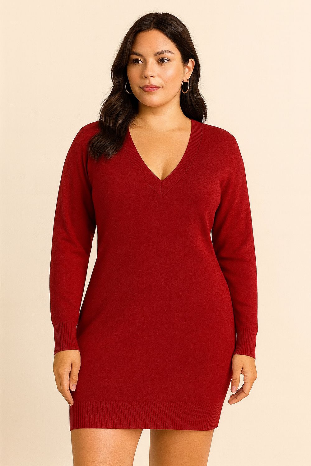 Sweater Jurk met V-hals – comfy midi korte jurk voor dames