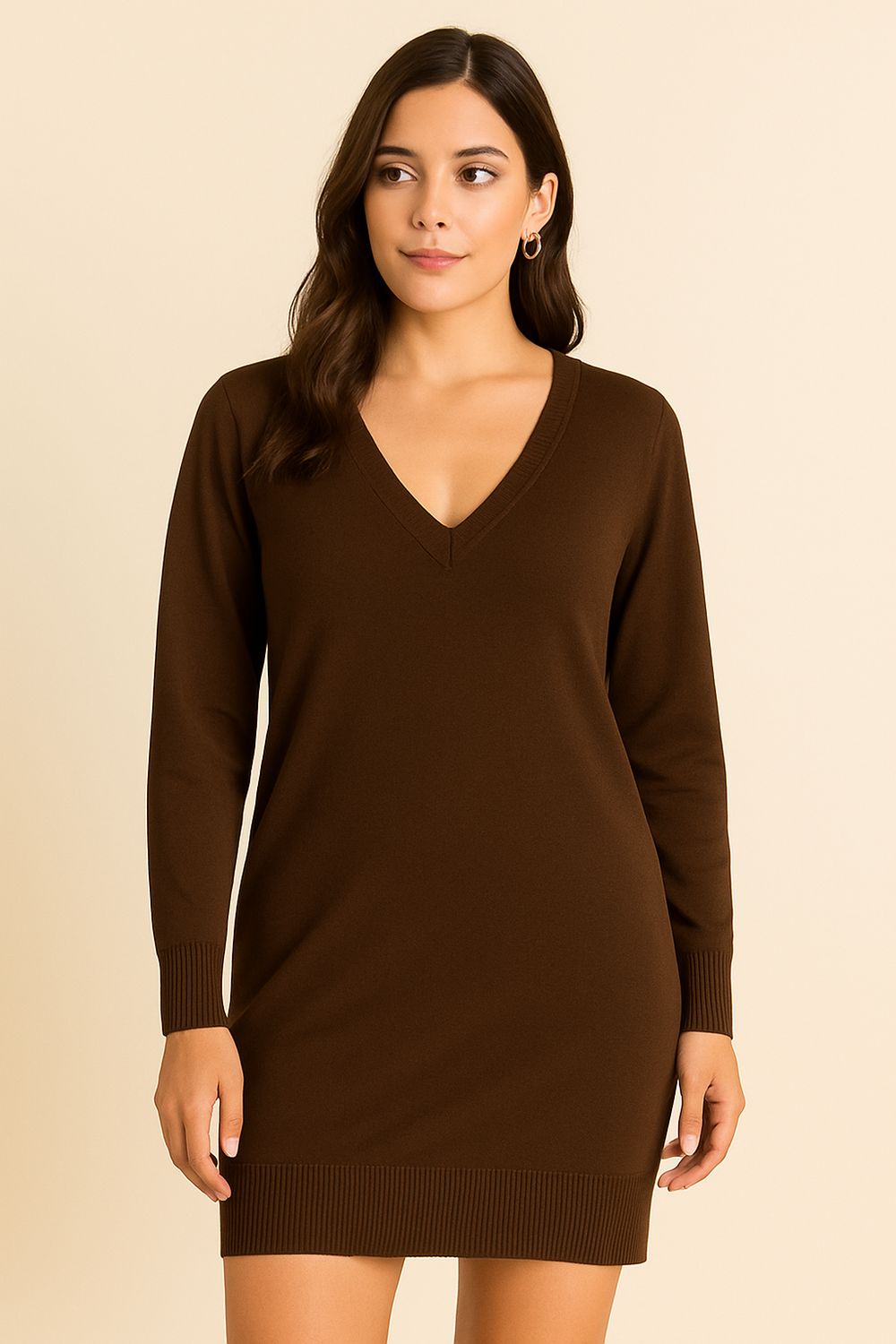 Sweater Jurk met V-hals – comfy midi korte jurk voor dames