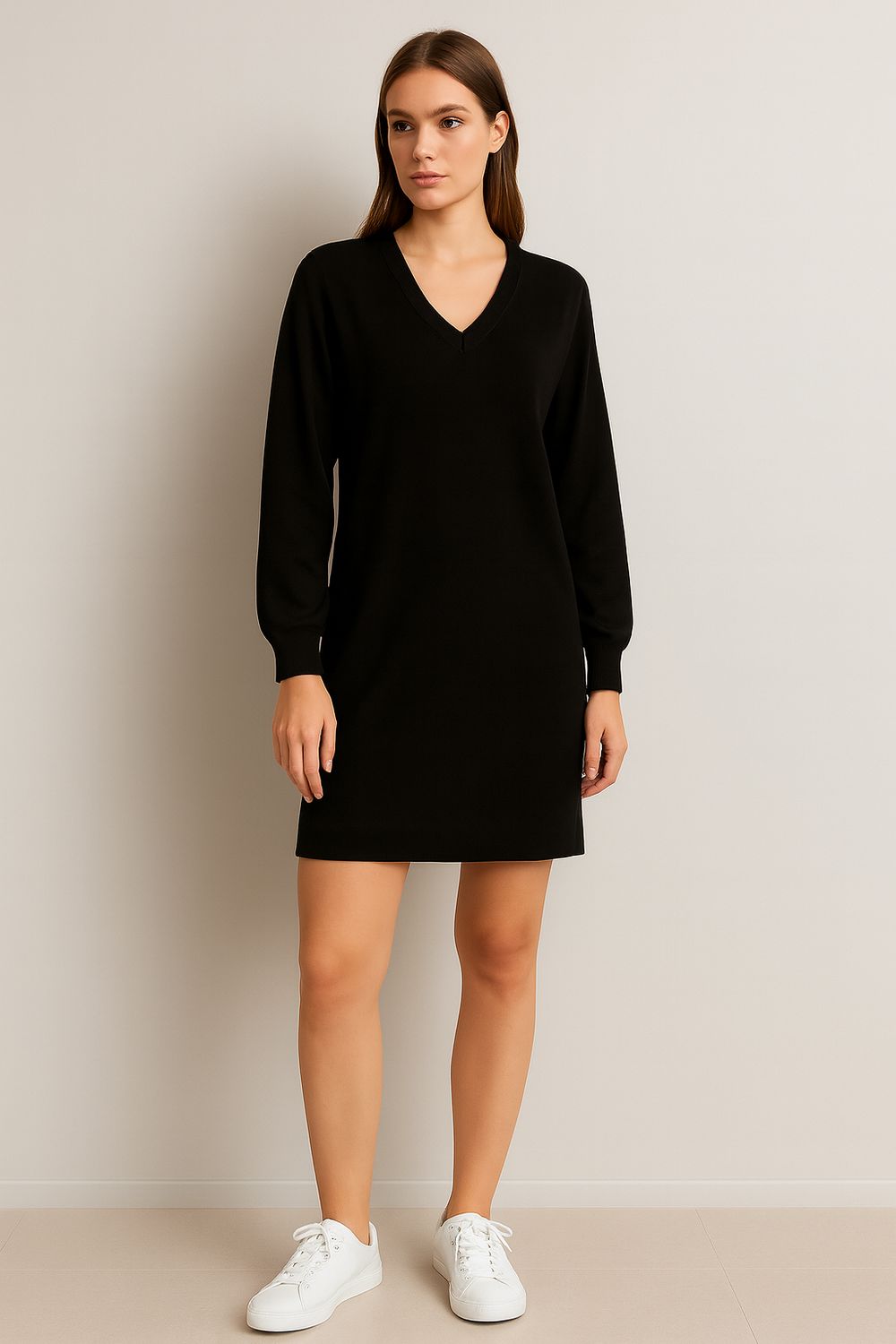 Sweater Jurk met V-hals – comfy midi korte jurk voor dames