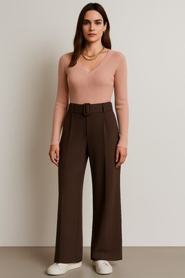 Stretchstof Milano fabric wijde broek, palazzo in Milano Chic Automnale met handgemaakte riem.