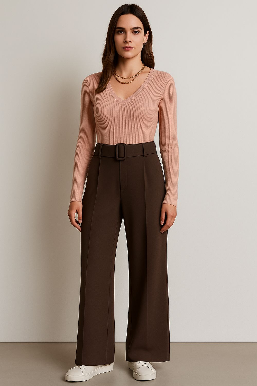 Stretchstof Milano fabric wijde broek, palazzo in Milano Chic Automnale met handgemaakte riem.