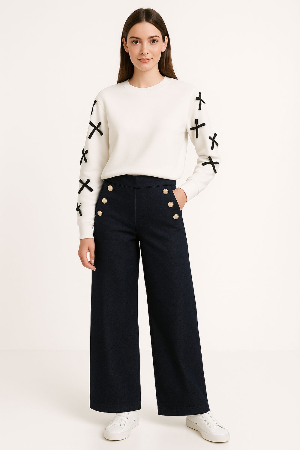 JENNA denim look broek, wijde palazzo broek met sierknopen en zakken. Elastische taille.