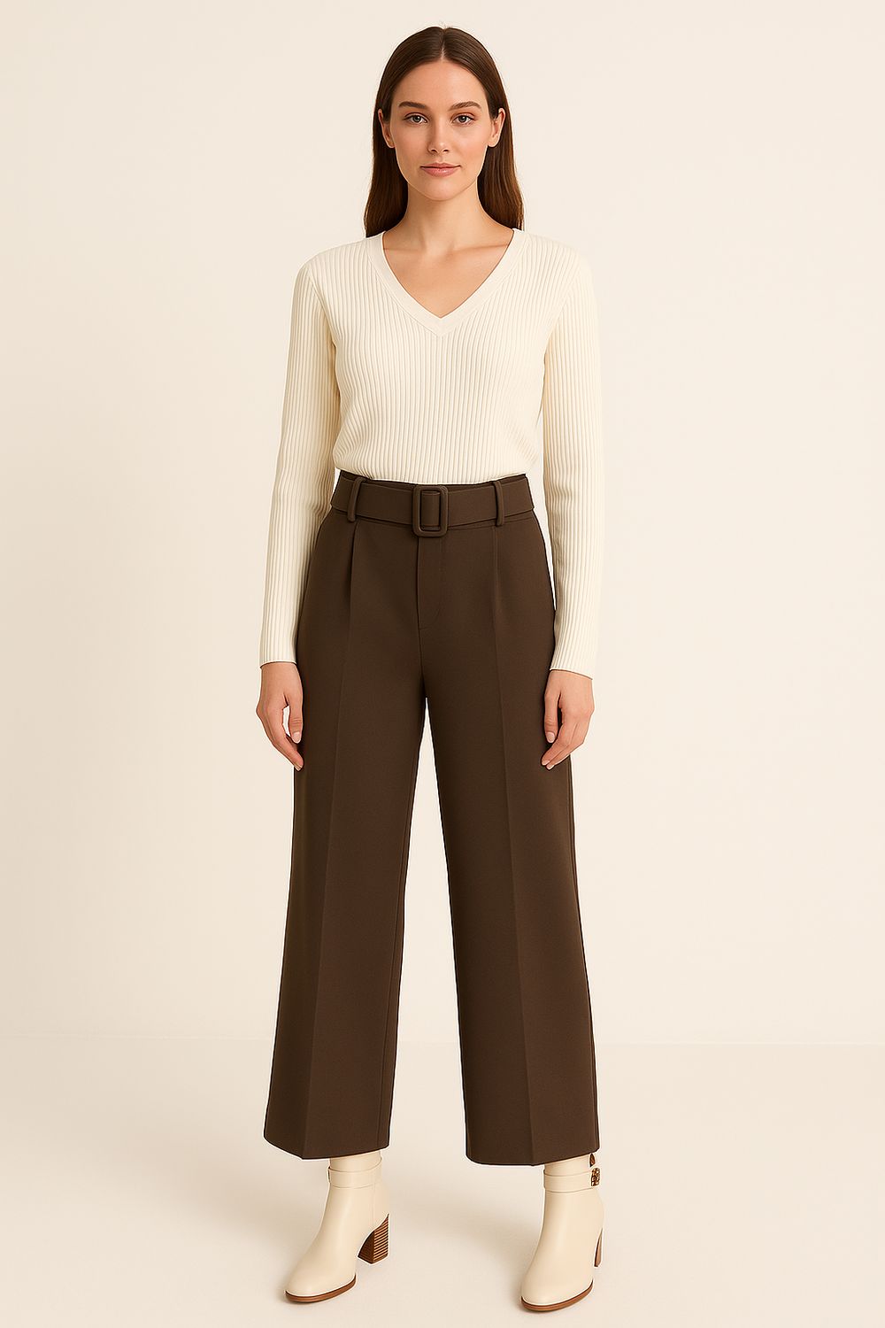 Stretchstof Milano fabric wijde broek, palazzo in Milano Chic Automnale met handgemaakte riem.