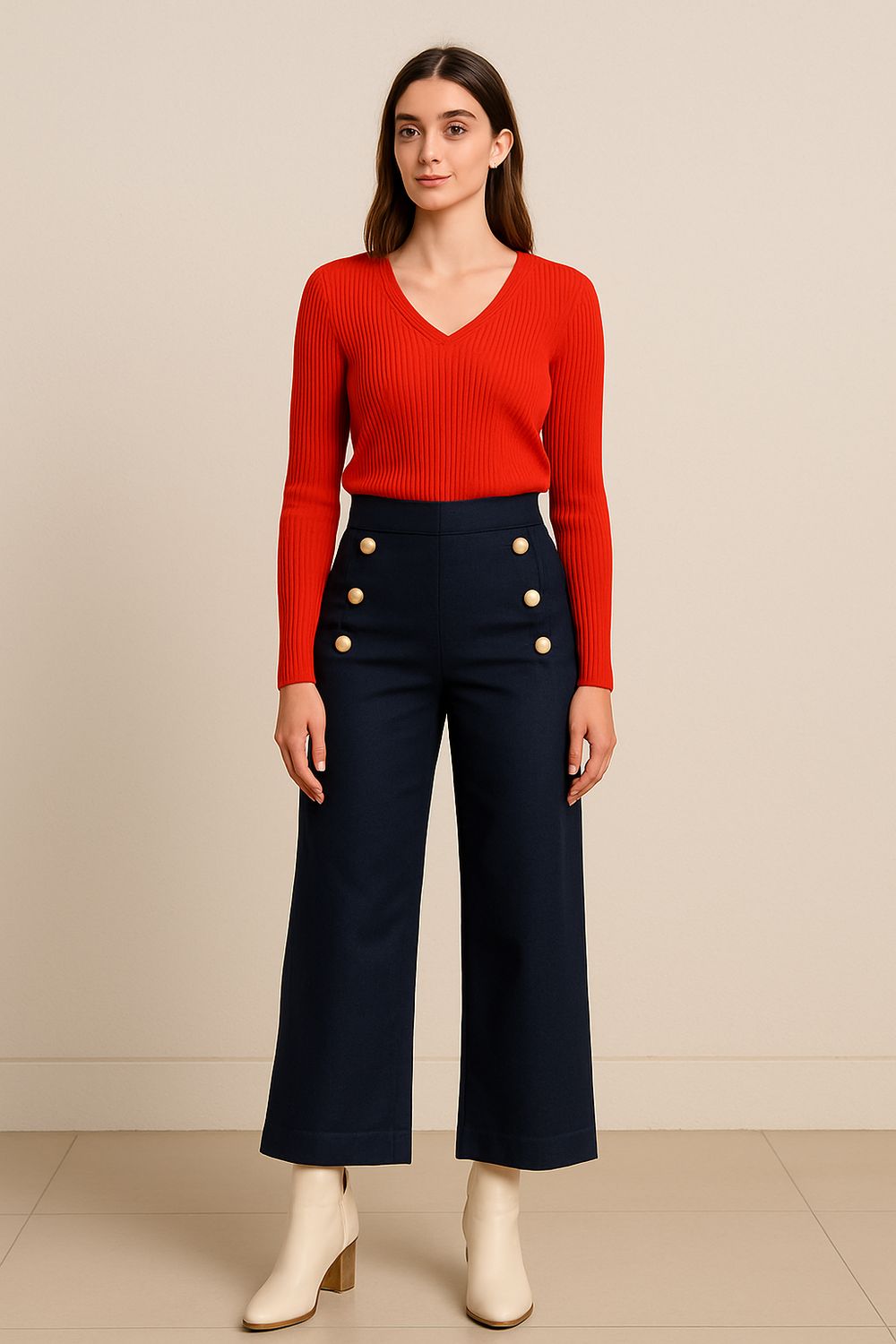 JENNA denim look broek, wijde palazzo broek met sierknopen en zakken. Elastische taille.