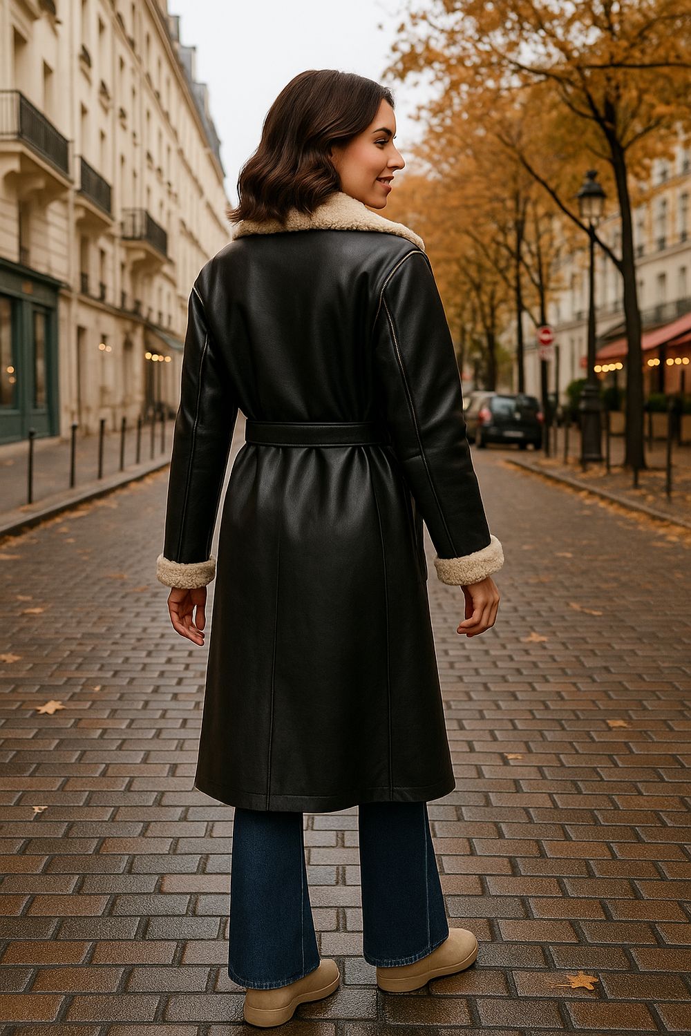 achterkant Lange faux leather jas met teddy voering, stijlvolle lange zwarte wintetjas dames- Infinity Me boutique