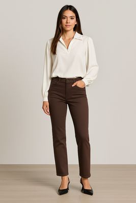 Model met Dames straight fit jeans , rechte pijpen, gekleurde jeans in chocolade bruin