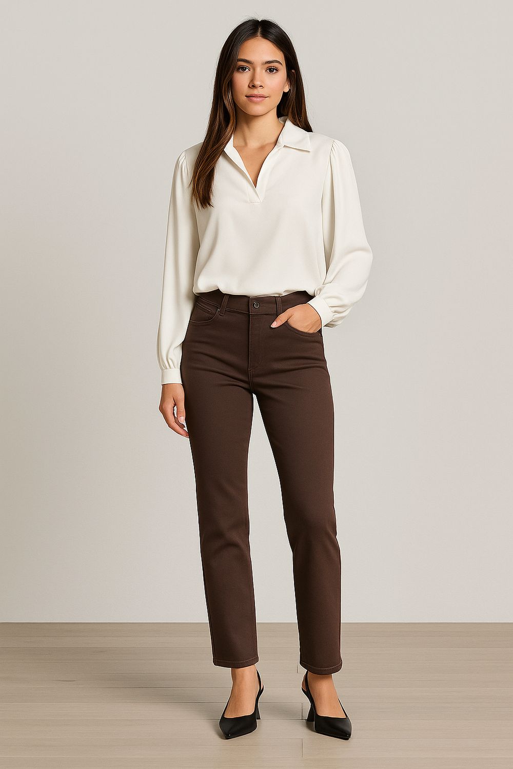 Model met Dames straight fit jeans , rechte pijpen, gekleurde jeans in chocolade bruin