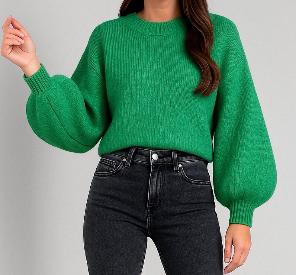 Model draagt groene knit comfy sweater met ballon mouwen