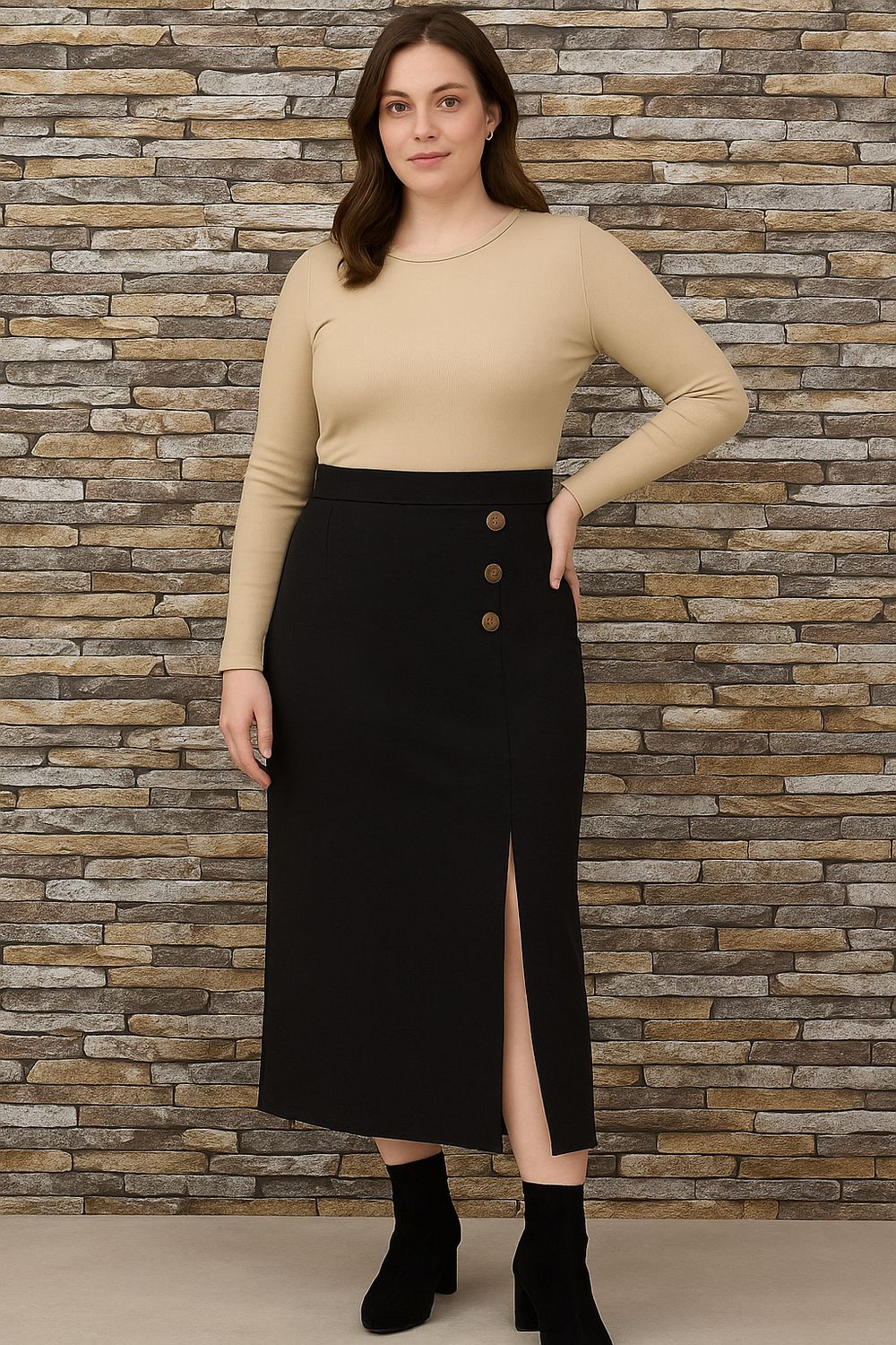 Elegante zwarte lange rok met split en knopen – Tijdloze dames rok met elastische taille