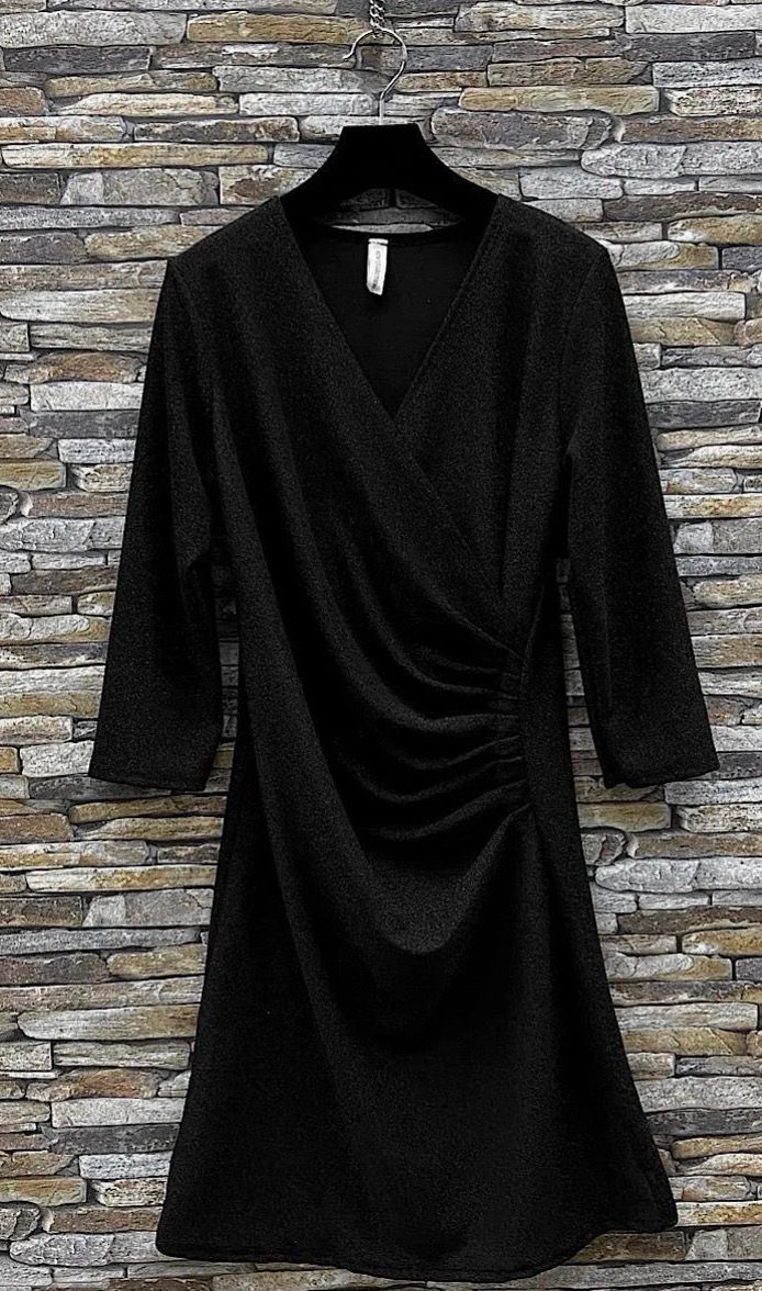 Zwart Elegant Party Jurkje – V-Hals – Drapage – 3/4 Mouw – Slim Fit 