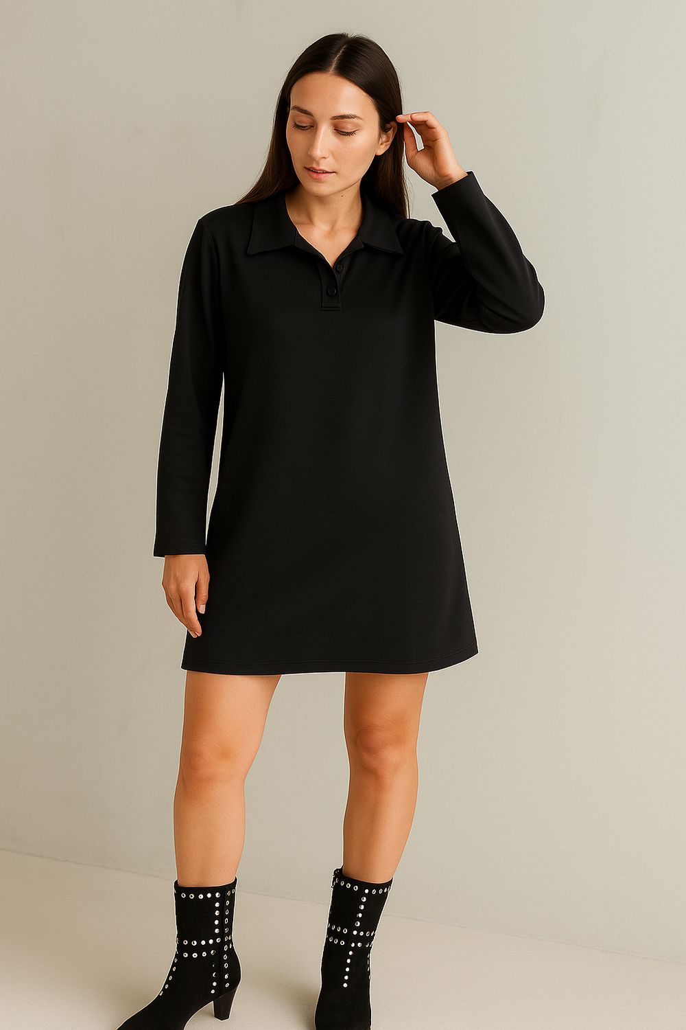 Zwarte polo jurk dames – korte jurk met kraag en knoopsluiting – casual chic outfit