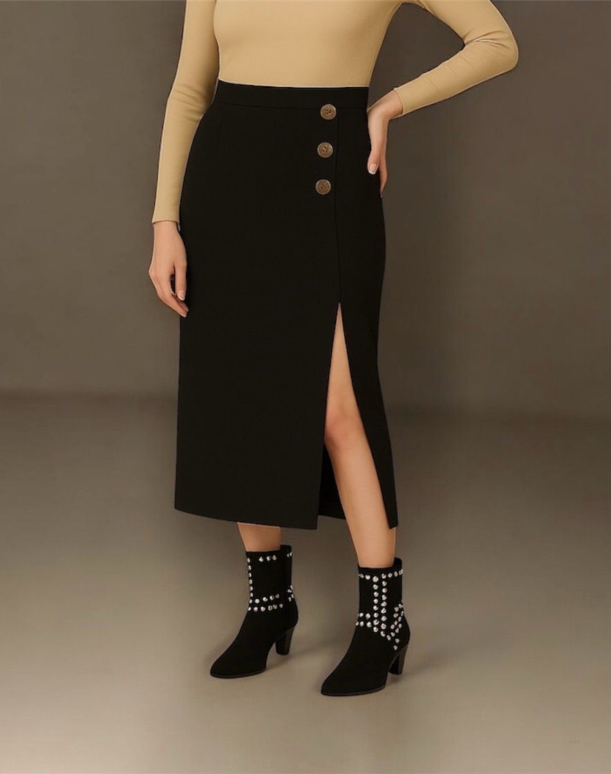 Elegante zwarte lange rok met split en knopen – Tijdloze dames rok met elastische taille
