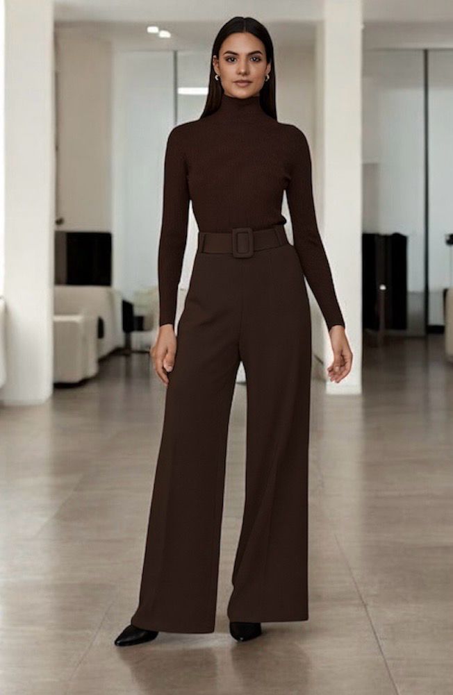 Stretchstof Milano fabric wijde broek, palazzo in Milano Chic Automnale met handgemaakte riem.