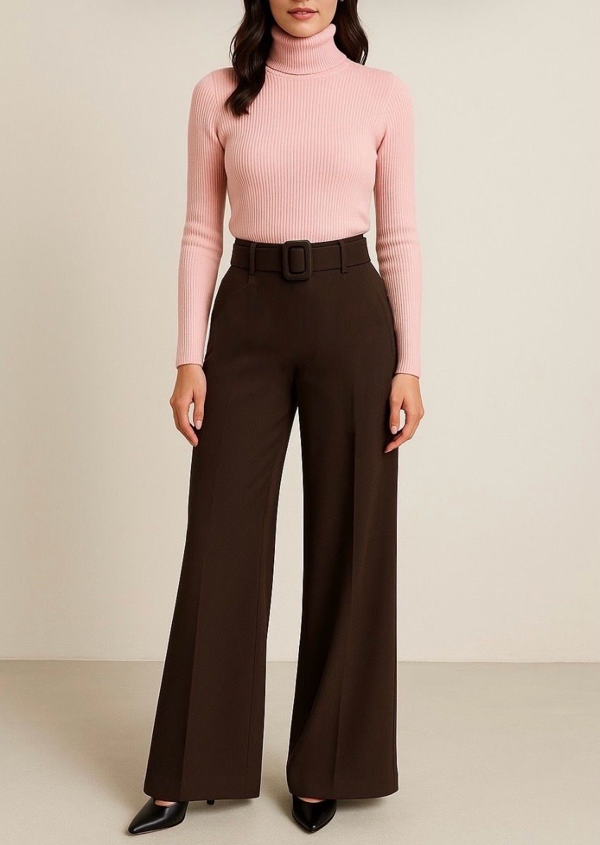 Stretchstof Milano fabric wijde broek, palazzo in Milano Chic Automnale met handgemaakte riem.