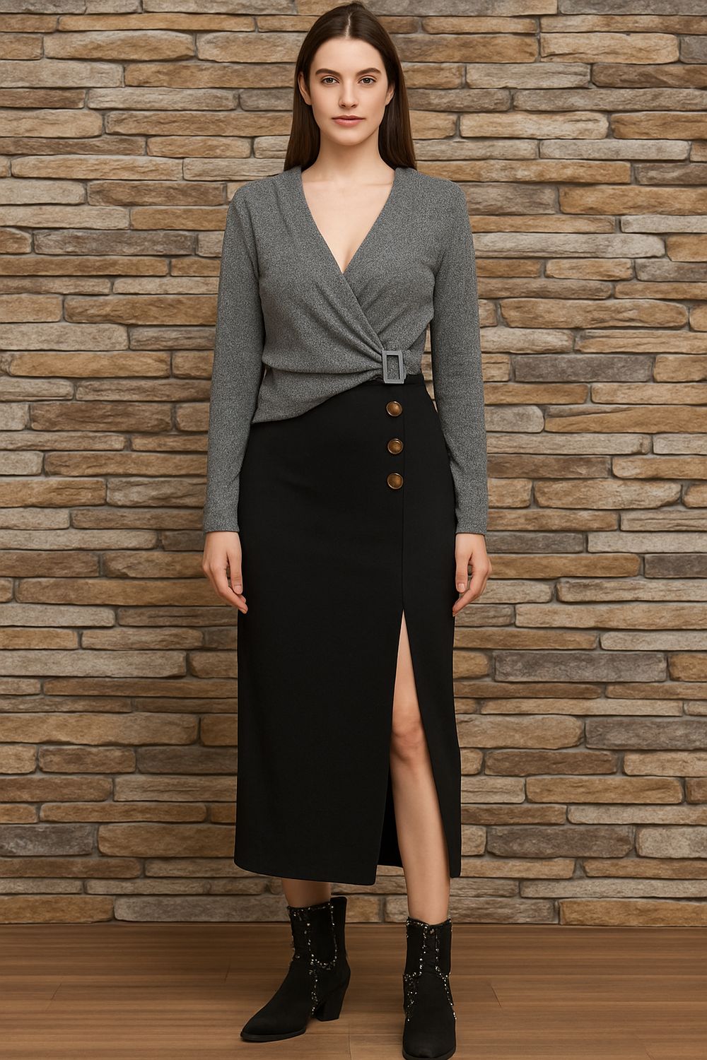 Elegante zwarte lange rok met split en knopen – Tijdloze dames rok met elastische taille