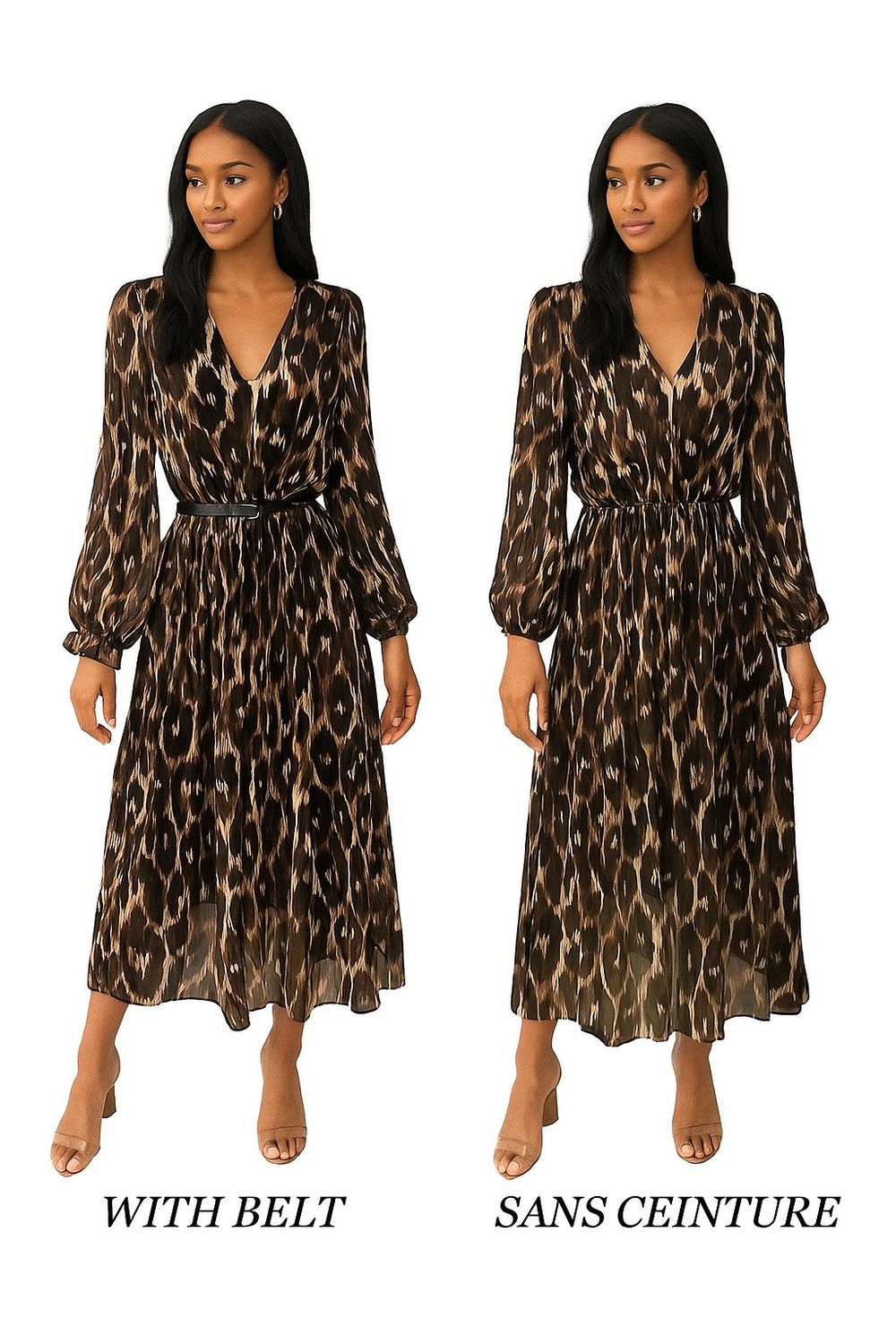 printed V-neck maxi dress – lange jurk met elastische taille, luipaardprint &amp; ballonmouwen | Infinity Me - Bruin - Burgundi