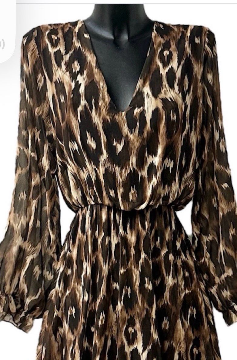 printed V-neck maxi dress – lange jurk met elastische taille, luipaardprint &amp; ballonmouwen | Infinity Me - Bruin - Burgundi