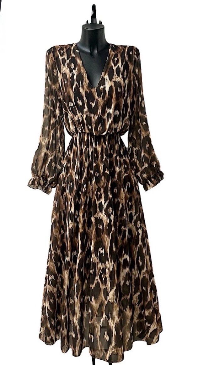 printed V-neck maxi dress – lange jurk met elastische taille, luipaardprint &amp; ballonmouwen | Infinity Me - Bruin - Burgundi