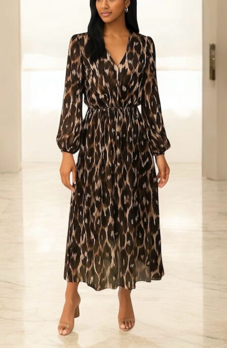 printed V-neck maxi dress – lange jurk met elastische taille, luipaardprint &amp; ballonmouwen | Infinity Me - Bruin - Burgundi