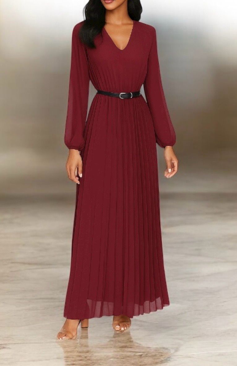 V-neck maxi dress – lange Losse Plissé jurk , Effen Burgundi - Zwart &amp; ballonmouwen | Infinity me