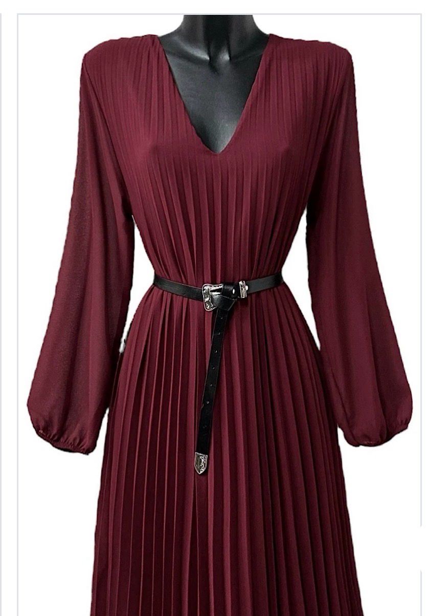 V-neck maxi dress – lange Losse Plissé jurk , Effen Burgundi - Zwart &amp; ballonmouwen | Infinity me