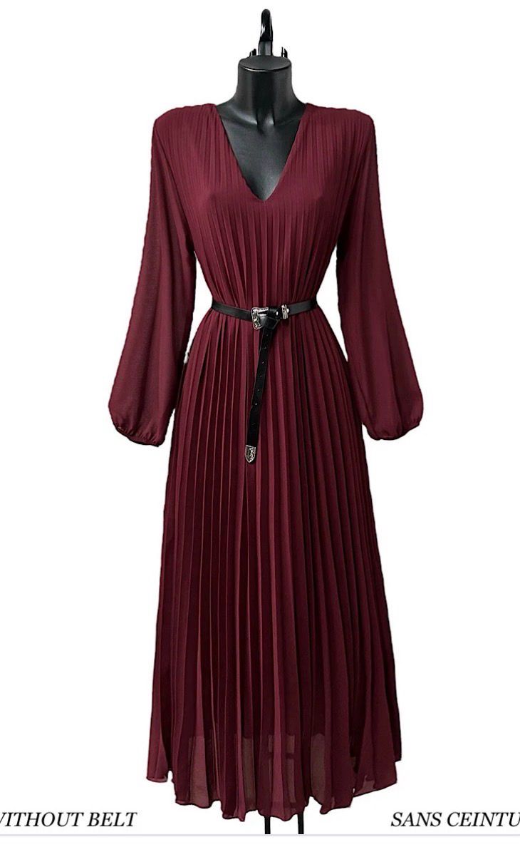 V-neck maxi dress – lange Losse Plissé jurk , Effen Burgundi - Zwart &amp; ballonmouwen | Infinity me