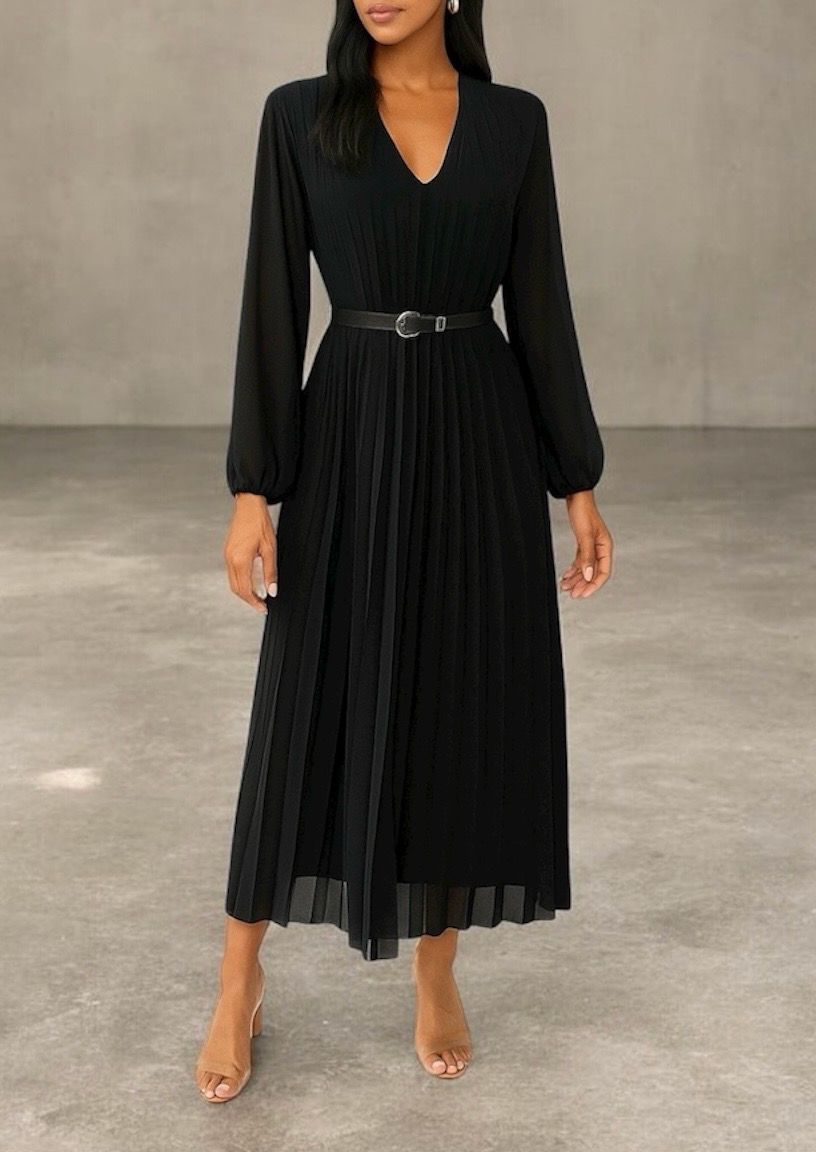 V-neck maxi dress – lange Losse Plissé jurk , Effen Burgundi - Zwart &amp; ballonmouwen | Infinity me