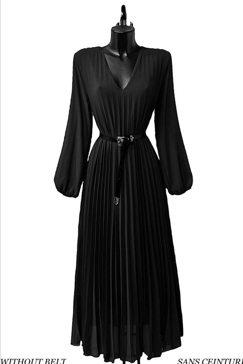 V-neck maxi dress – lange Losse Plissé jurk , Effen Burgundi - Zwart &amp; ballonmouwen | Infinity me