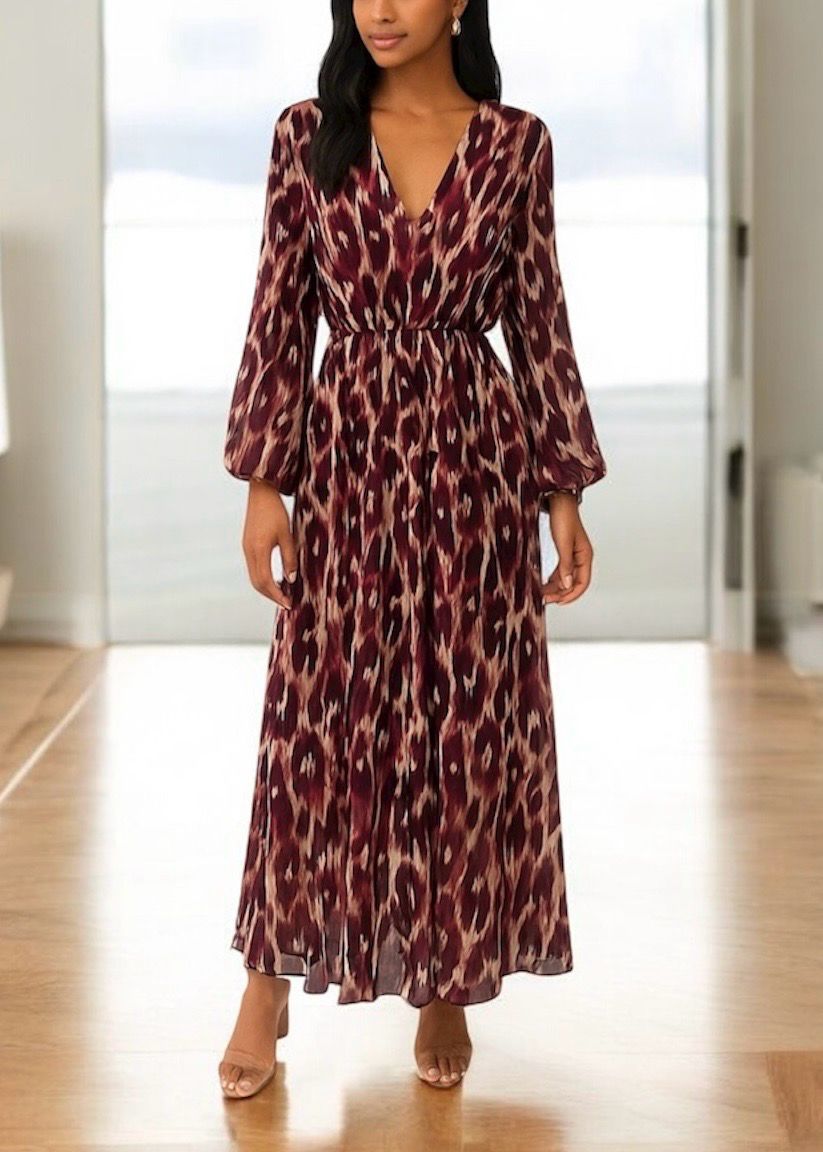 printed V-neck maxi dress – lange jurk met elastische taille, luipaardprint &amp; ballonmouwen | Infinity Me - Bruin - Burgundi