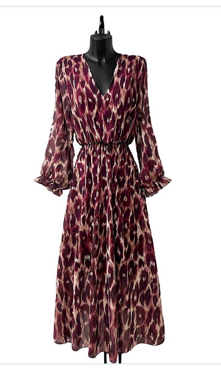 printed V-neck maxi dress – lange jurk met elastische taille, luipaardprint &amp; ballonmouwen | Infinity Me - Bruin - Burgundi