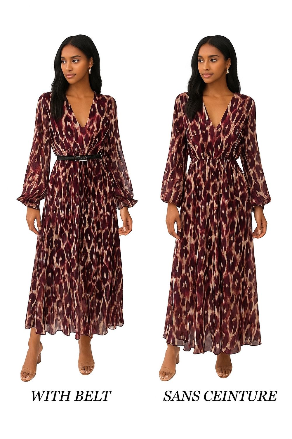 printed V-neck maxi dress – lange jurk met elastische taille, luipaardprint &amp; ballonmouwen | Infinity Me - Bruin - Burgundi