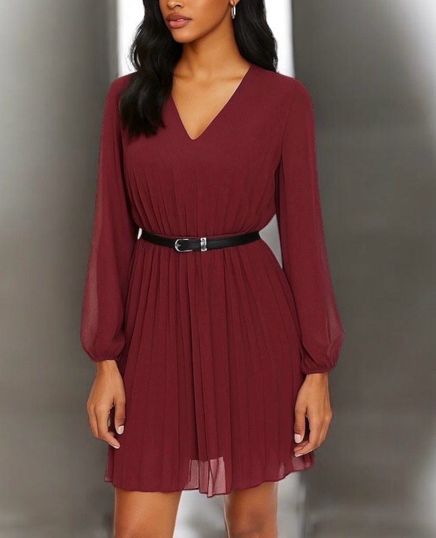 Plissé jurk met V-hals in verschillende kleuren en – Elegante mini jurk - Zwart - Burgundi