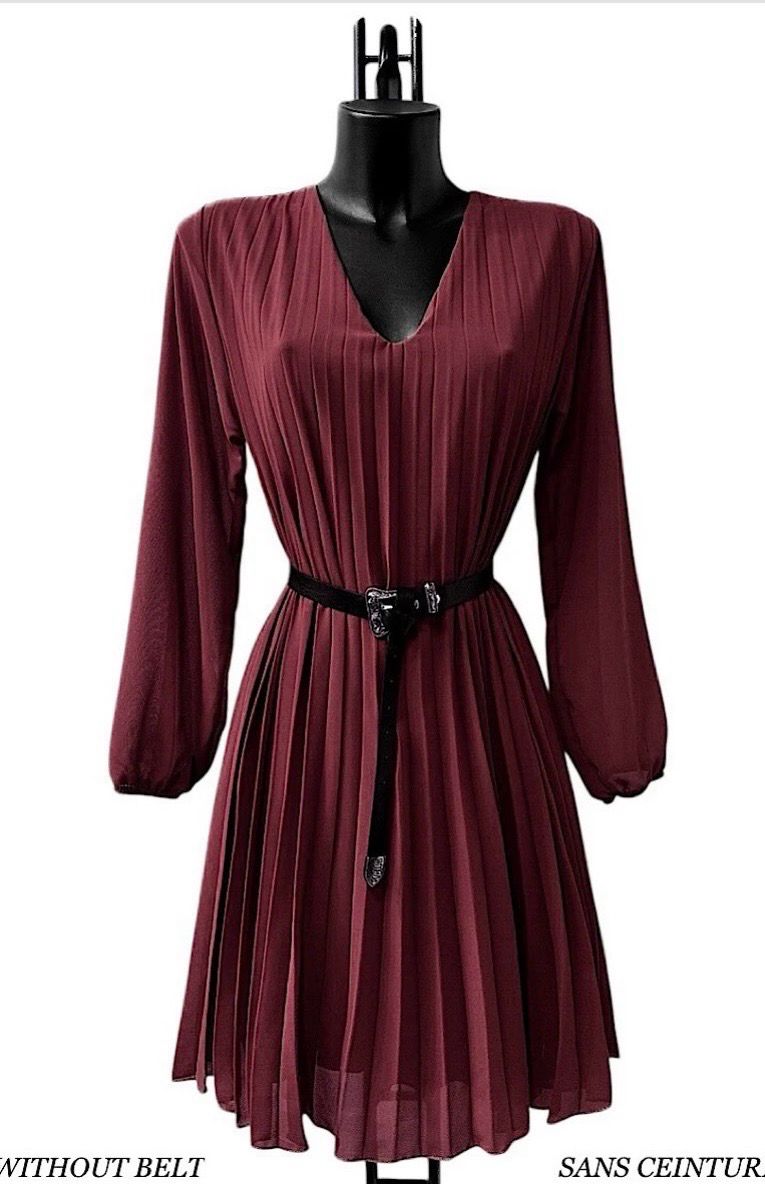 Plissé jurk met V-hals in verschillende kleuren en – Elegante mini jurk - Zwart - Burgundi