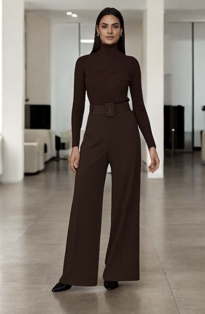 Stretchstof Milano fabric wijde broek, palazzo in Milano Chic Automnale met handgemaakte riem.