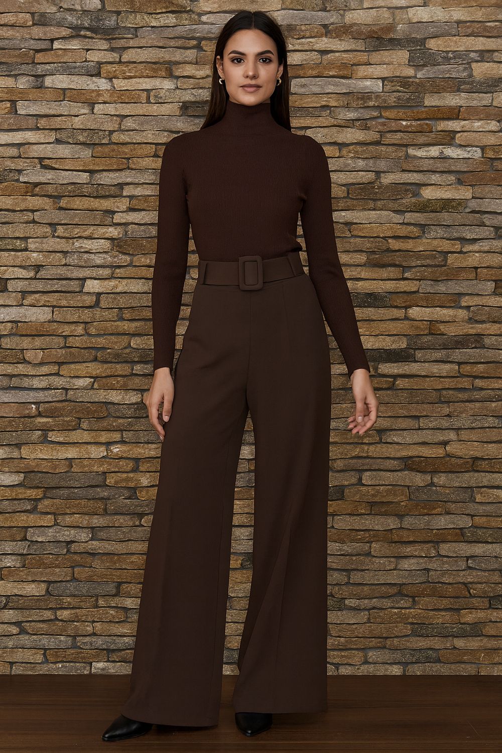 Stretchstof Milano fabric wijde broek, palazzo in Milano Chic Automnale met handgemaakte riem.