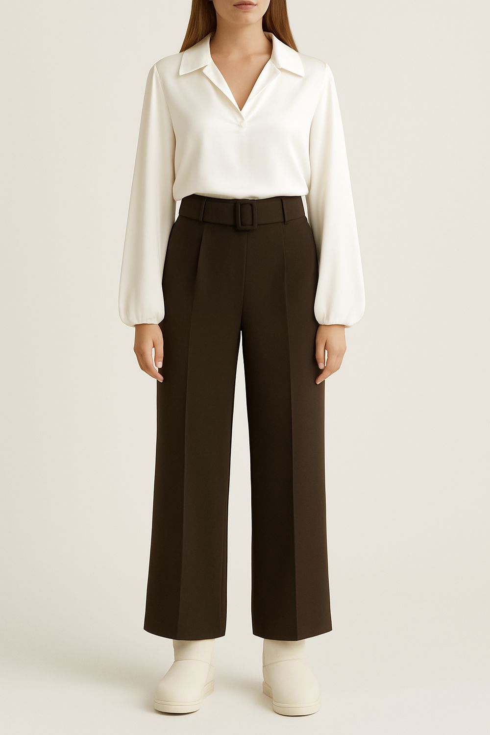 Stretchstof Milano fabric wijde broek, palazzo in Milano Chic Automnale met handgemaakte riem.