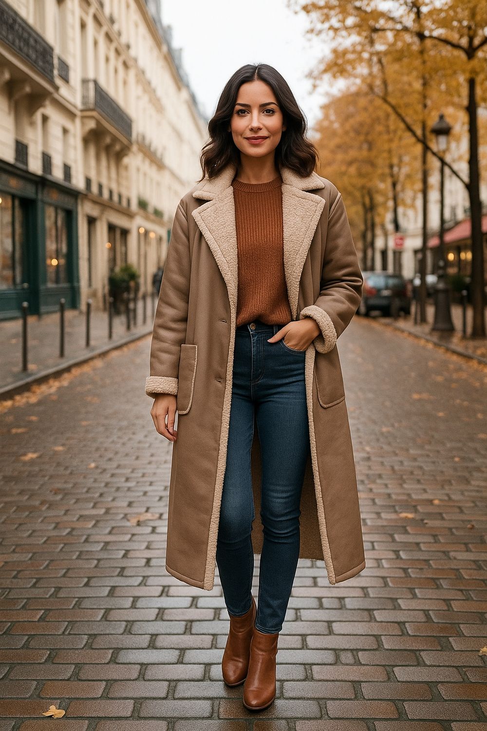 Lange Faux Leather jas in suède-look met teddy voering – Bruin | Infinity Me