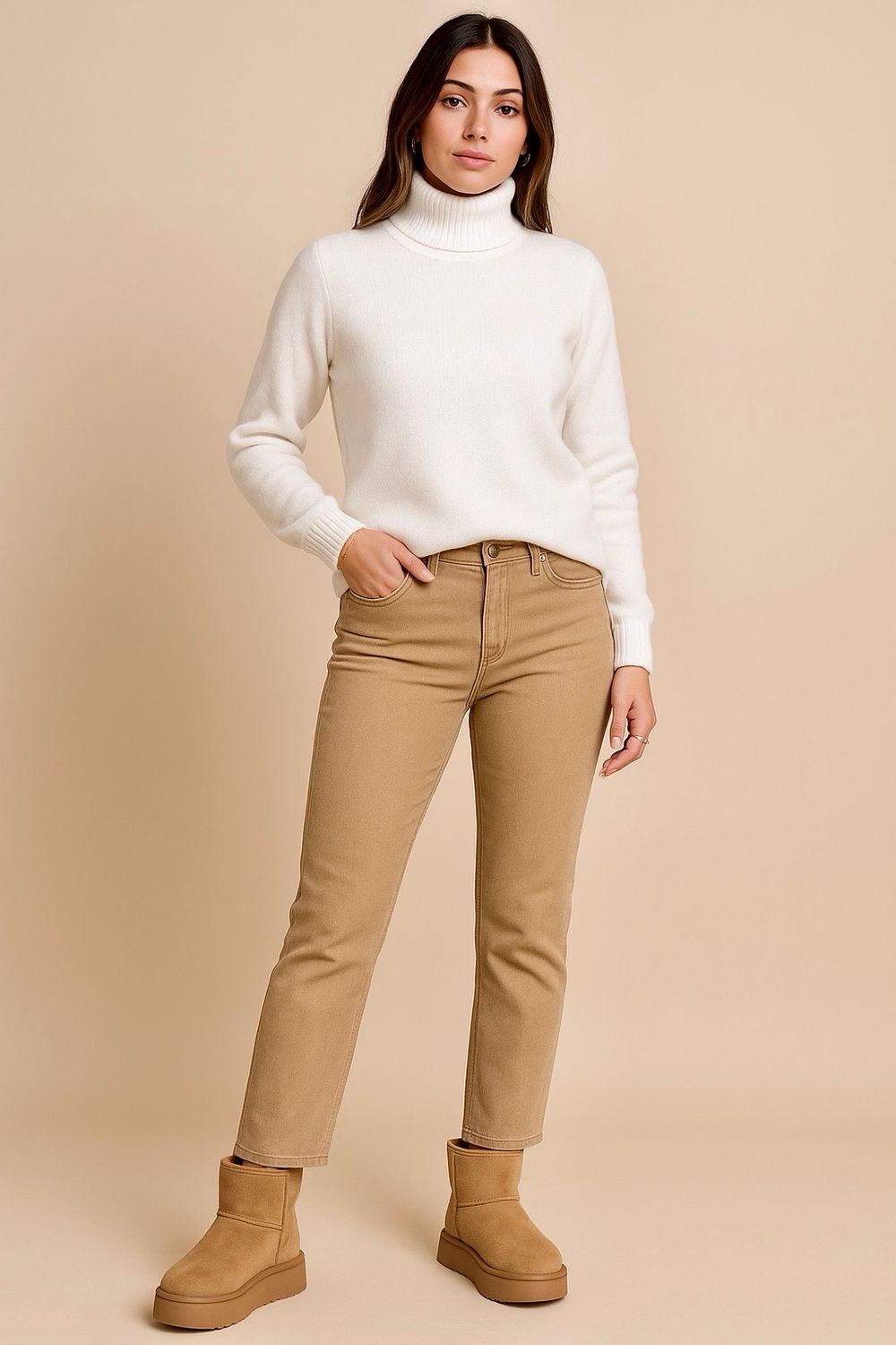 Dames straight fit jeans , rechte pijpen, gekleurde jeans in licht caramel