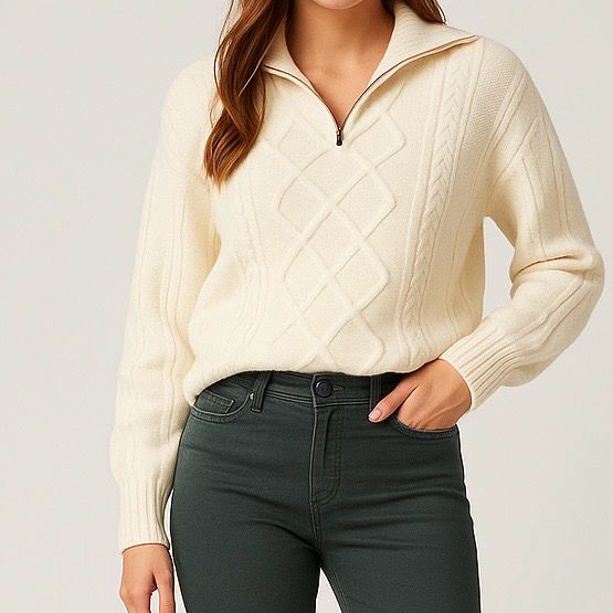 Model draagt gebreide kabeltrui met rits in een ivoor witte kleur