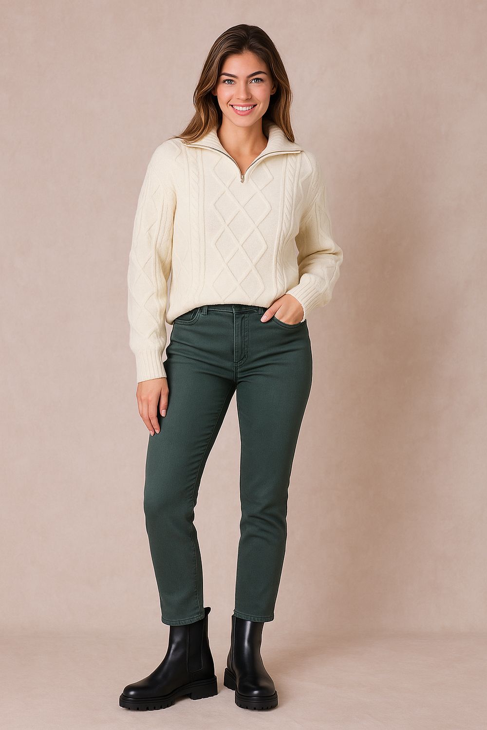 Dames straight fit jeans , rechte pijpen, gekleurde jeans in antraciet groen