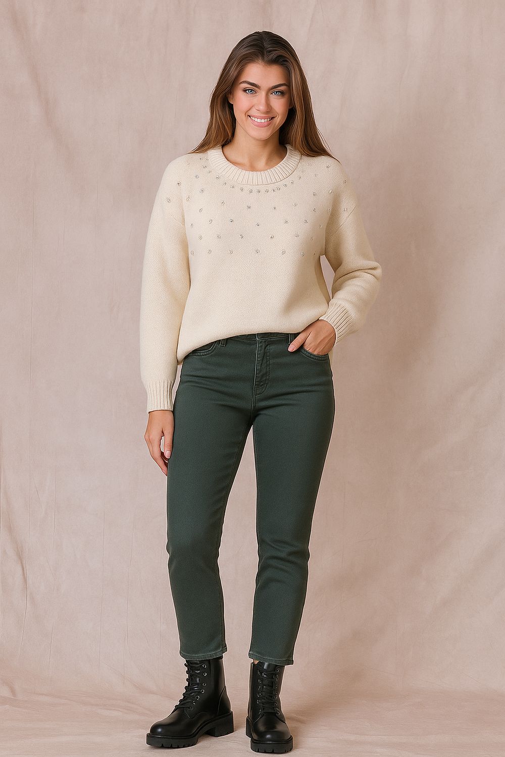 Round Neck Sparkle Knit Sweater Met Rhinestones– Bordeaux , Beige Grijs Zwart | Infinity Me Boutique