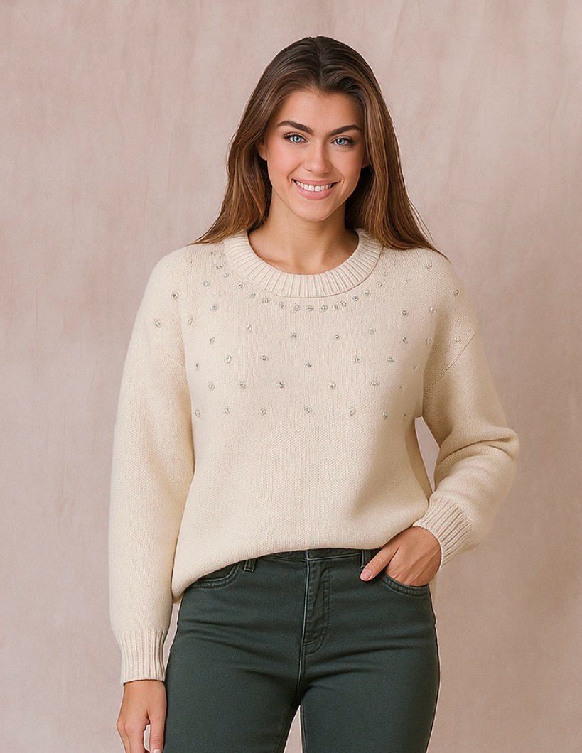 Round Neck Sparkle Knit Sweater Met Rhinestones– Bordeaux , Beige Grijs Zwart | Infinity Me Boutique